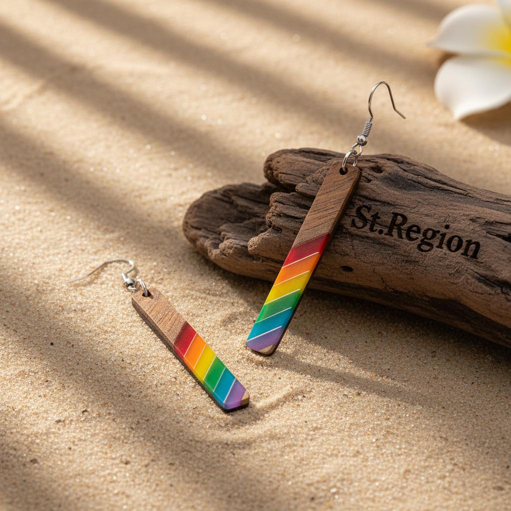 Rainbow Resin and Wood Silvertone Stripped Bar Hook Earrings, silver drop earrings for women, front view