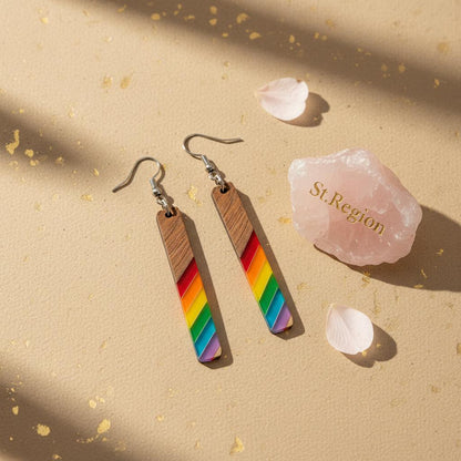 Rainbow Resin and Wood Silvertone Stripped Bar Hook Earrings, silver drop earrings for women, detail close-up
