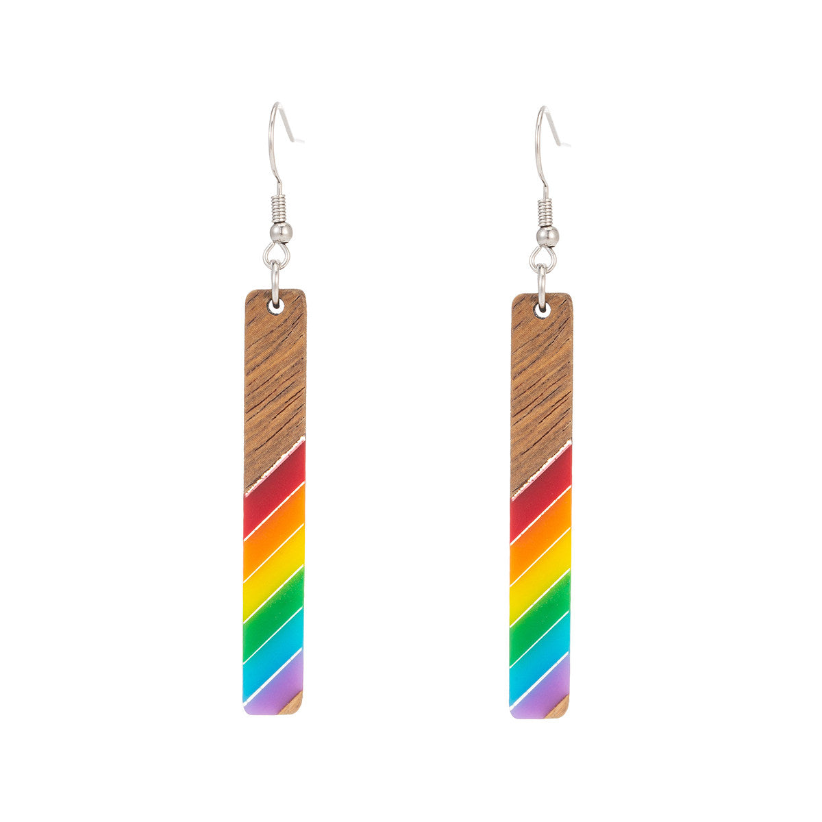 Rainbow Resin & Wood Silvertone Stripped Bar Hook Earrings - Street Region