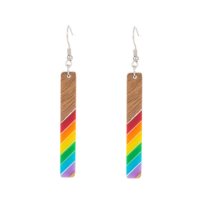 Rainbow Resin & Wood Silvertone Stripped Bar Hook Earrings - Street Region