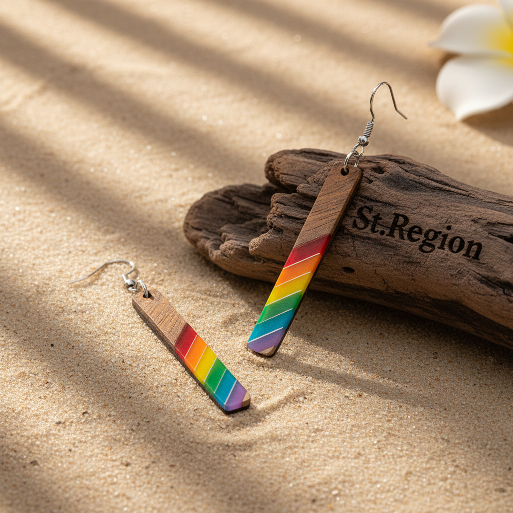 Rainbow Resin & Wood Silvertone Stripped Bar Hook Earrings - Street Region