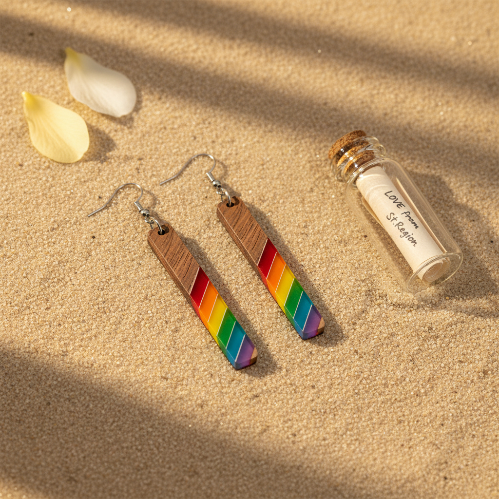 Rainbow Resin & Wood Silvertone Stripped Bar Hook Earrings - Street Region