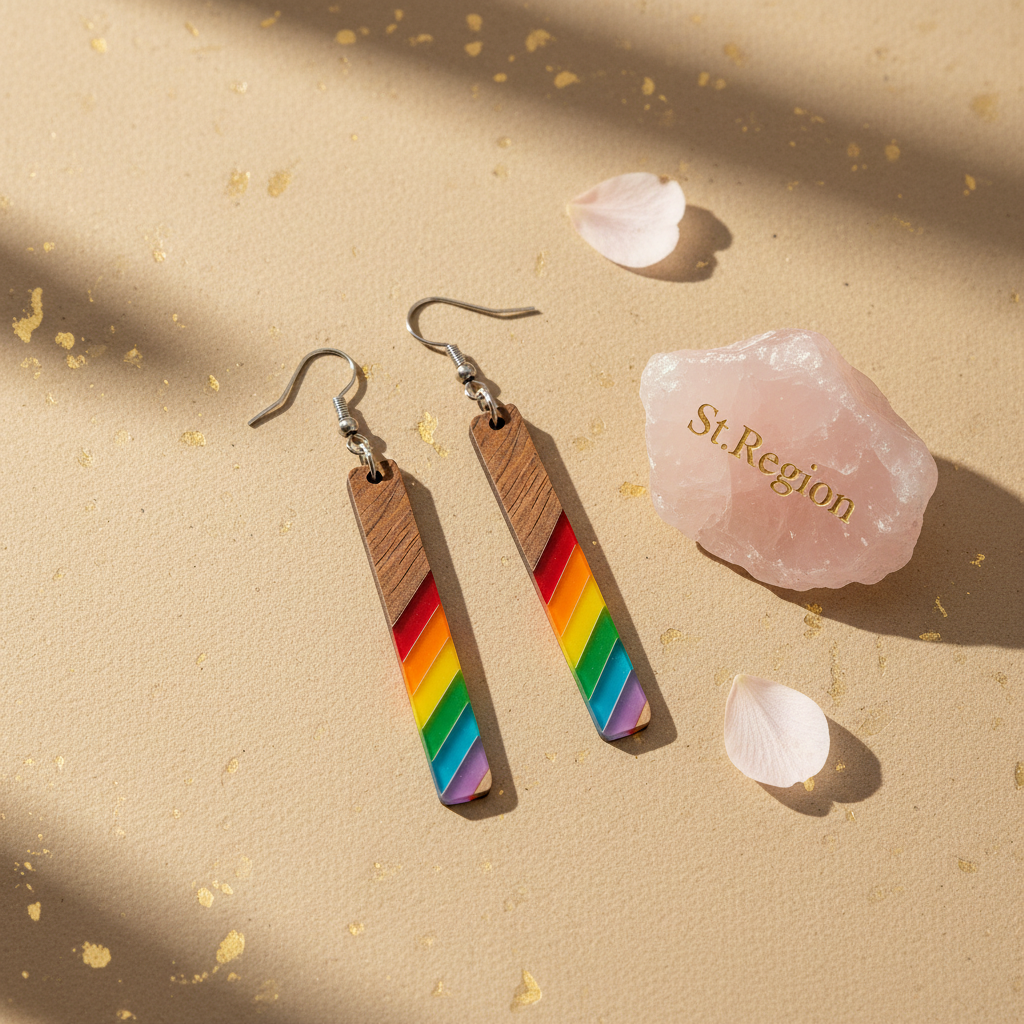 Rainbow Resin & Wood Silvertone Stripped Bar Hook Earrings - Street Region