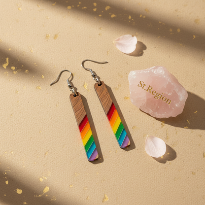 Rainbow Resin & Wood Silvertone Stripped Bar Hook Earrings - Street Region