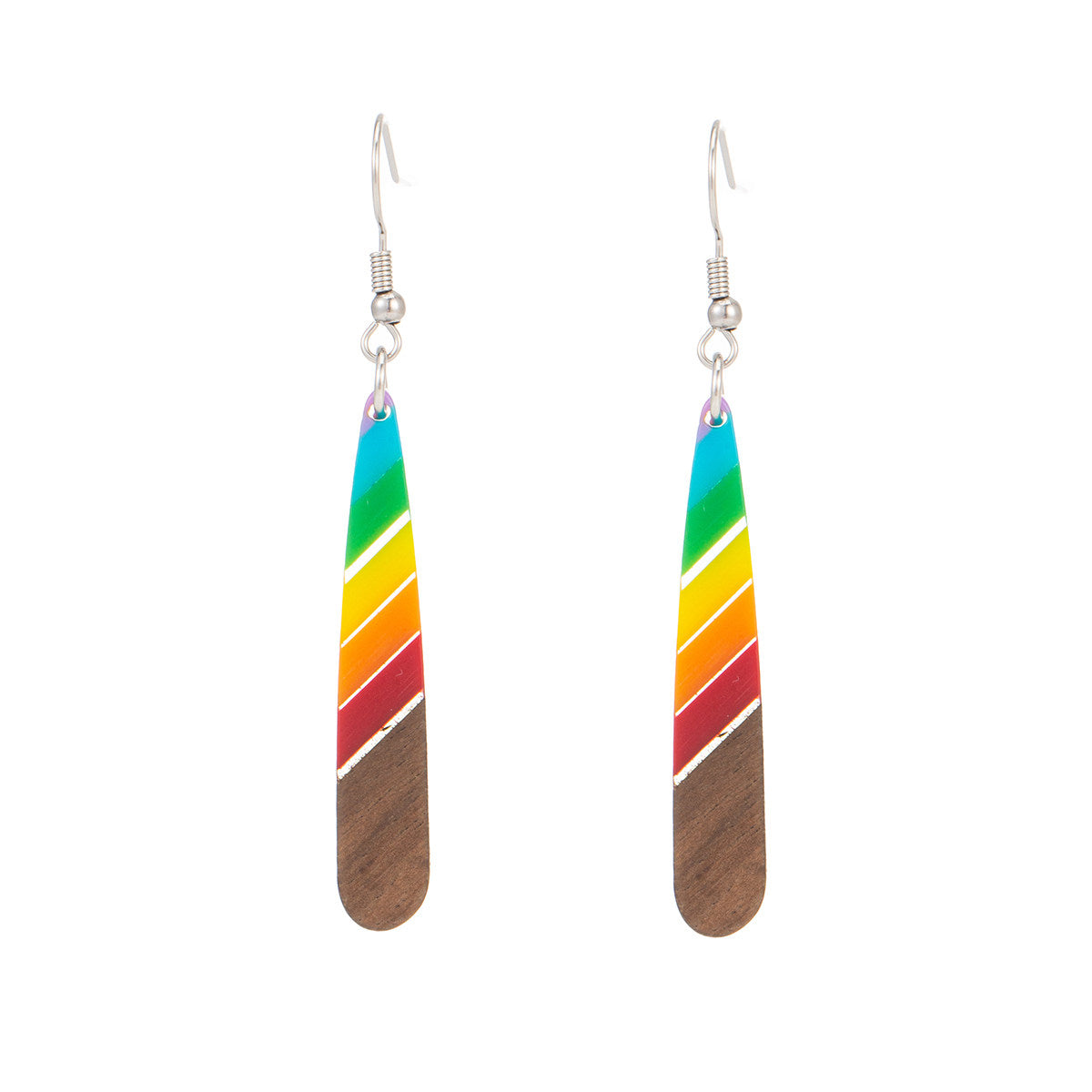 Rainbow Resin & Wood Silvertone Stripped Teardrop Hook Earrings - Street Region