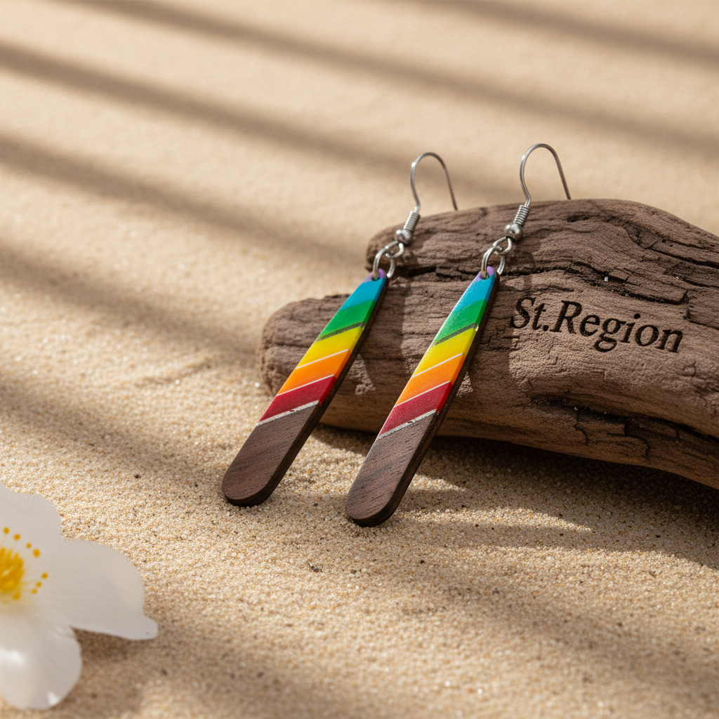 Rainbow Resin & Wood Silvertone Stripped Teardrop Hook Earrings - Street Region