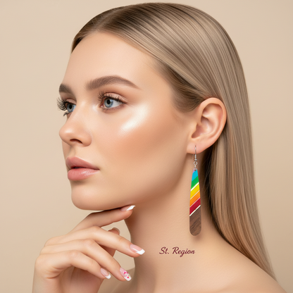 Rainbow Resin & Wood Silvertone Stripped Teardrop Hook Earrings - Street Region