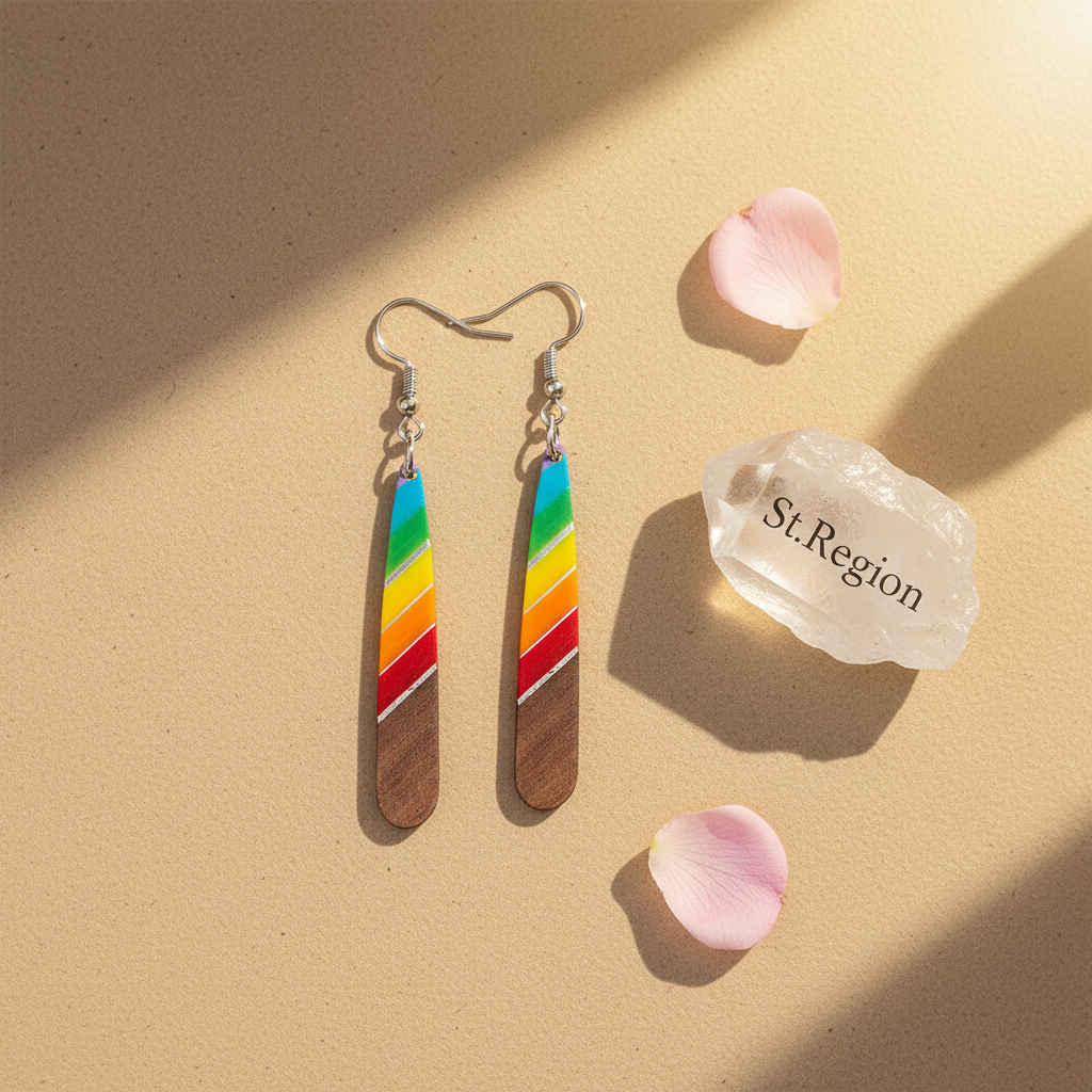 Rainbow Resin & Wood Silvertone Stripped Teardrop Hook Earrings - Street Region