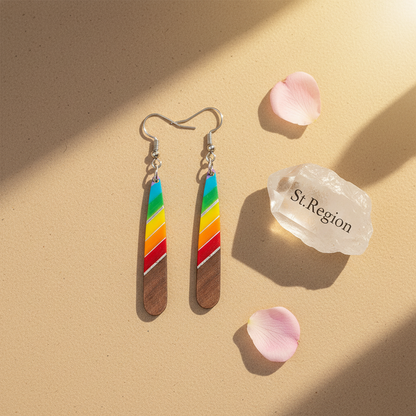 Rainbow Resin & Wood Silvertone Stripped Teardrop Hook Earrings - Street Region