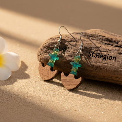 Green Resin and Wood Silvertone Anchor Hook Earrings, silver drop earrings for women, botanical inspired, front view