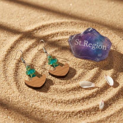 Green Resin and Wood Silvertone Anchor Hook Earrings, silver drop earrings for women, botanical inspired, detail close-up