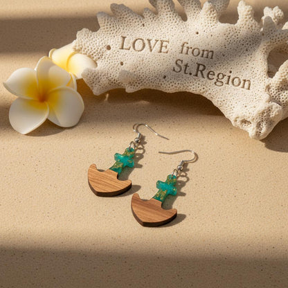 Green Resin and Wood Silvertone Anchor Hook Earrings, silver drop earrings for women, botanical inspired, lifestyle look