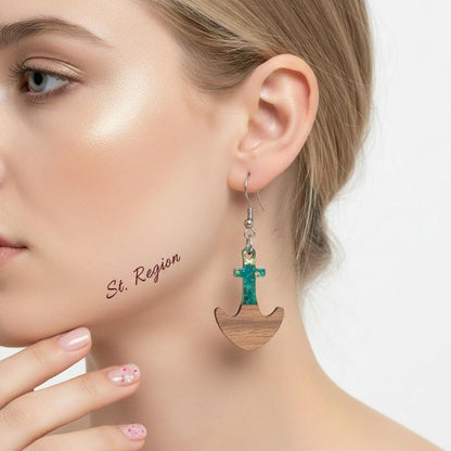 Green Resin and Wood Silvertone Anchor Hook Earrings, silver drop earrings for women, botanical inspired, styled look