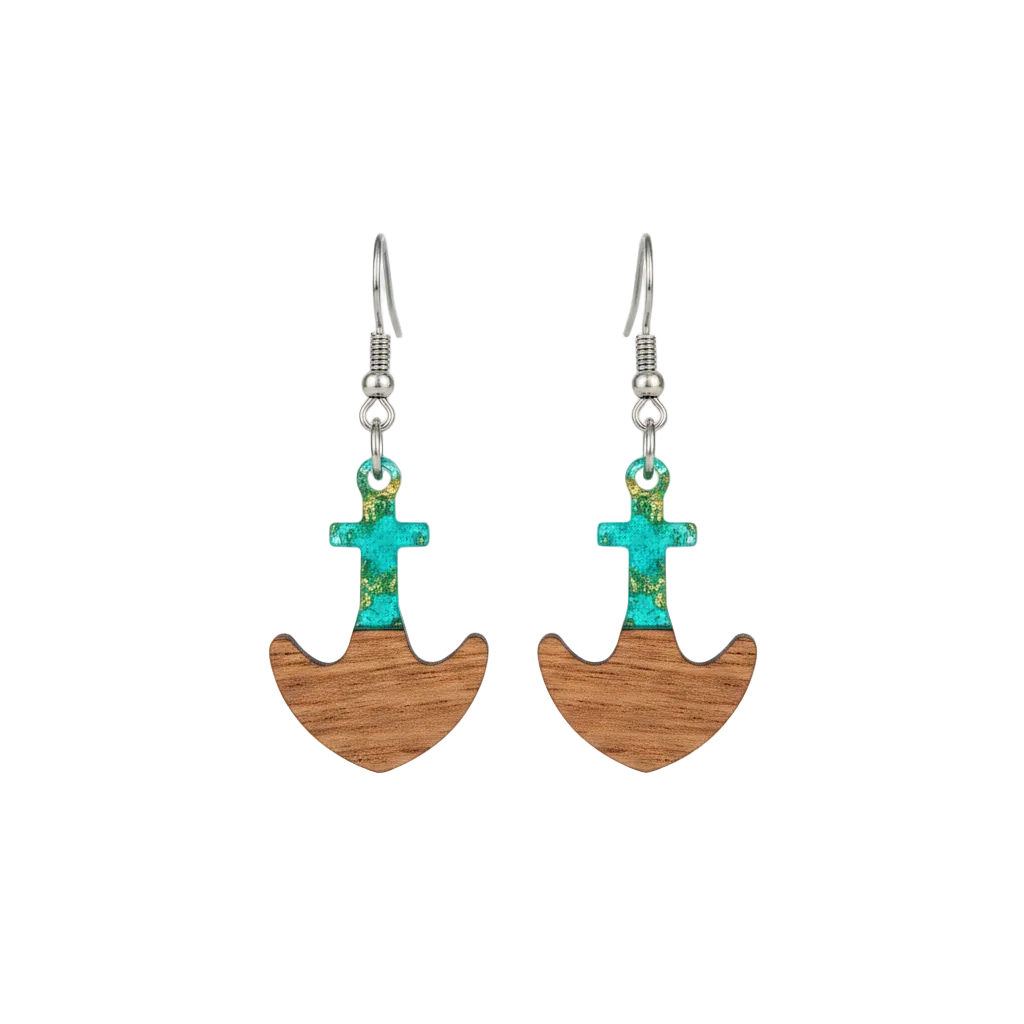 Green Resin & Wood Silvertone Anchor Hook Earrings - Street Region