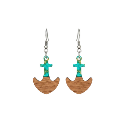 Green Resin & Wood Silvertone Anchor Hook Earrings - Street Region