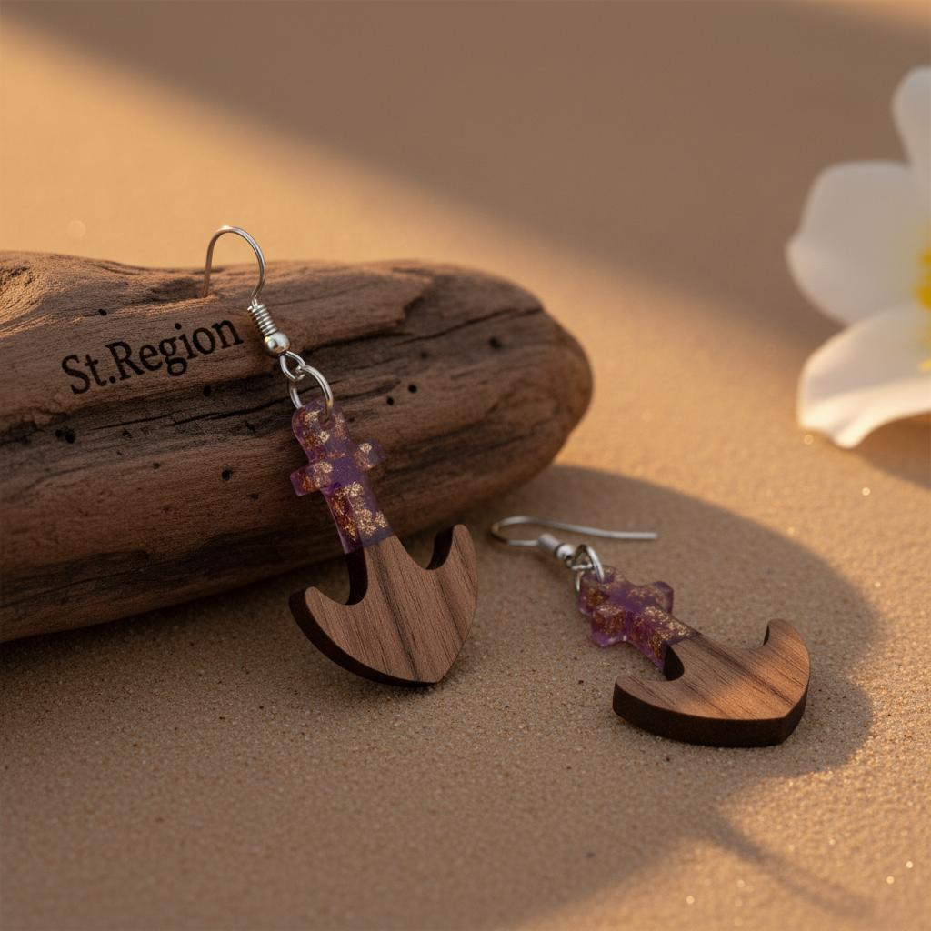 Purple Resin and Wood Silvertone Anchor Hook Earrings, silver drop earrings for women, dainty minimalist design, front view