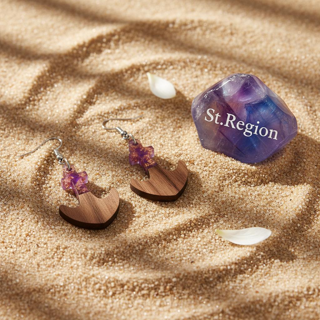 Purple Resin and Wood Silvertone Anchor Hook Earrings, silver drop earrings for women, detail close-up