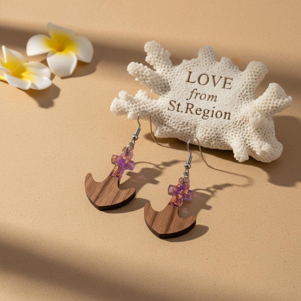 Purple Resin and Wood Silvertone Anchor Hook Earrings, silver drop earrings for women, lifestyle look