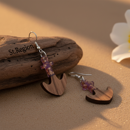 Purple Resin & Wood Silvertone Anchor Hook Earrings - Street Region
