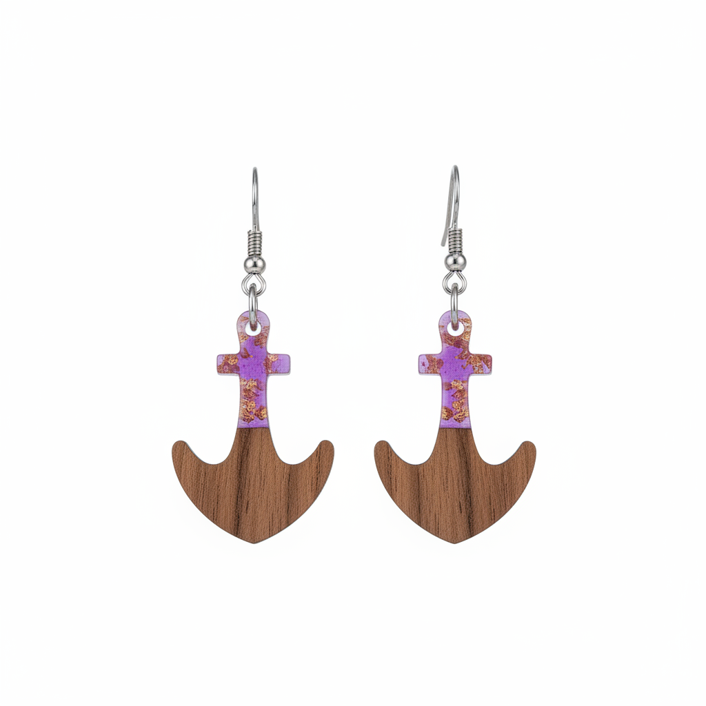 Purple Resin & Wood Silvertone Anchor Hook Earrings - Street Region