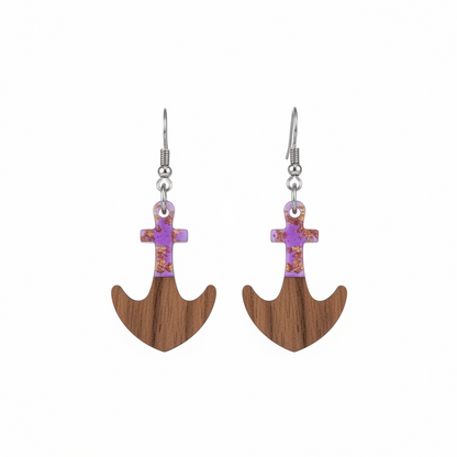 Purple Resin & Wood Silvertone Anchor Hook Earrings - Street Region
