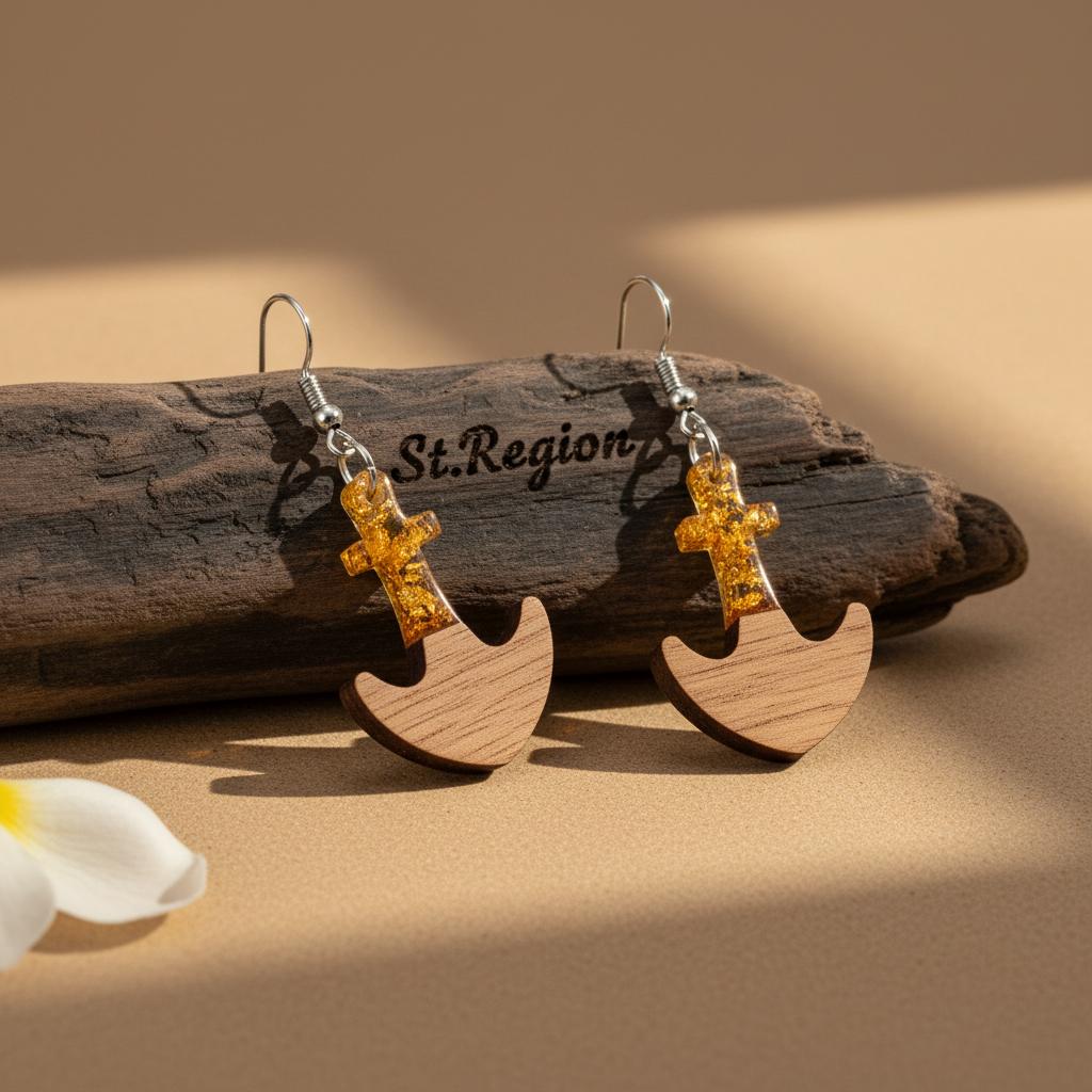 Yellow Resin and Wood Silvertone Anchor Hook Earrings, silver drop earrings for women, vintage-inspired design, front view