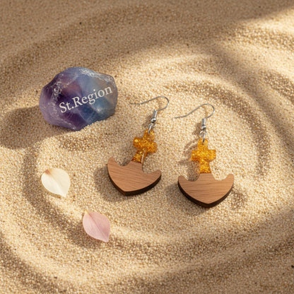 Yellow Resin and Wood Silvertone Anchor Hook Earrings, silver drop earrings for women, detail close-up