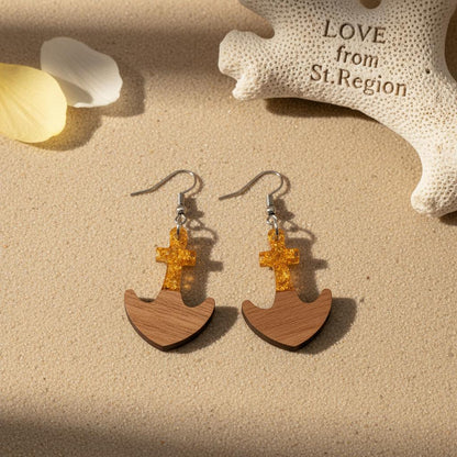 Yellow Resin and Wood Silvertone Anchor Hook Earrings, silver drop earrings for women, lifestyle look