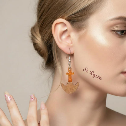 Yellow Resin and Wood Silvertone Anchor Hook Earrings, silver drop earrings for women, vintage-inspired design, styled look