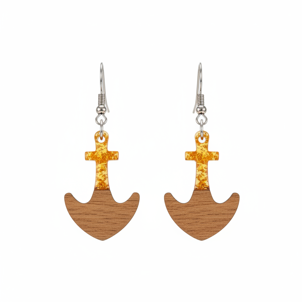 Yellow Resin & Wood Silvertone Anchor Hook Earrings - Street Region