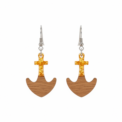 Yellow Resin & Wood Silvertone Anchor Hook Earrings - Street Region