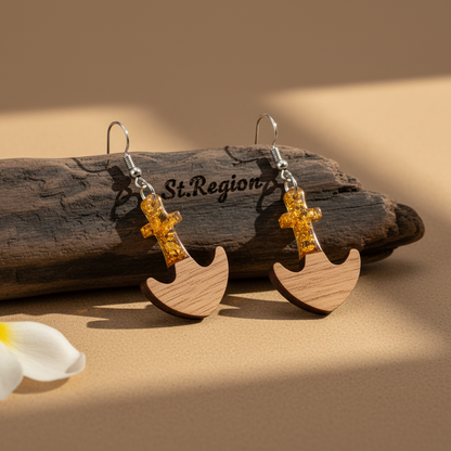 Yellow Resin & Wood Silvertone Anchor Hook Earrings - Street Region
