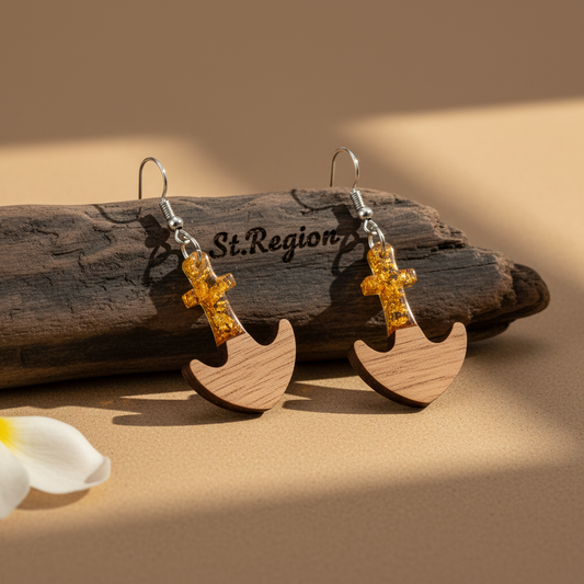 Yellow Resin & Wood Silvertone Anchor Hook Earrings - Street Region