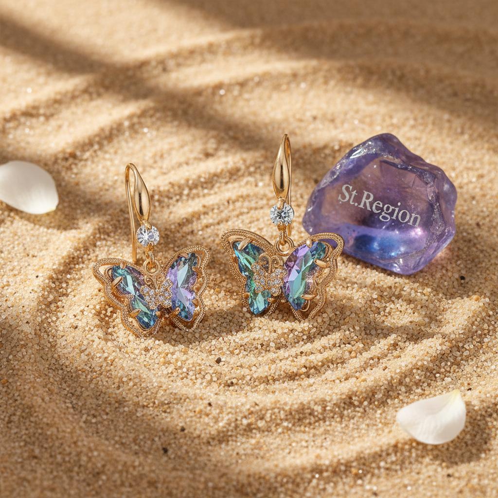 Blue Crystal and Cubic Zirconia Goldtone Butterfly Hook Earrings, gold drop earrings for women, detail close-up