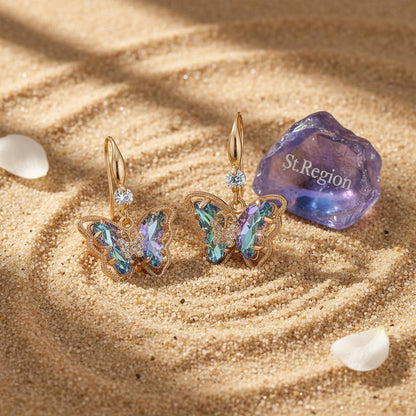 Blue Crystal and Cubic Zirconia Goldtone Butterfly Hook Earrings, gold drop earrings for women, detail close-up