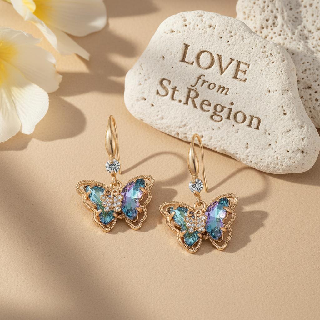 Blue Crystal and Cubic Zirconia Goldtone Butterfly Hook Earrings, gold drop earrings for women, lifestyle look