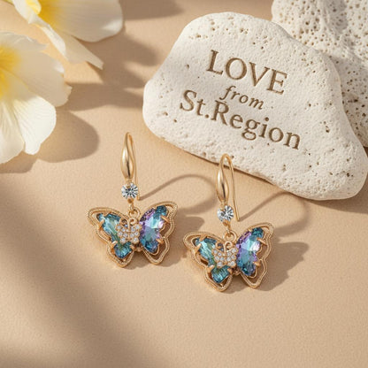 Blue Crystal and Cubic Zirconia Goldtone Butterfly Hook Earrings, gold drop earrings for women, lifestyle look
