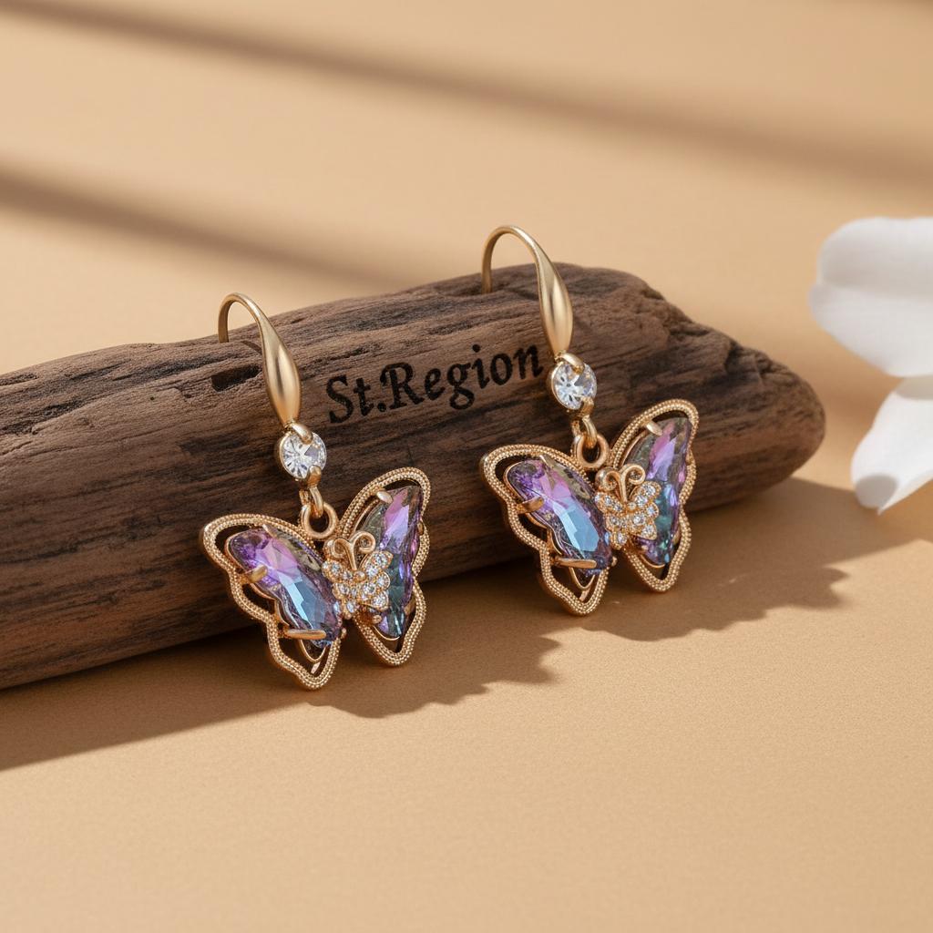 Purple Crystal and Cubic Zirconia Goldtone Butterfly Hook Earrings, gold drop earrings for women, front view