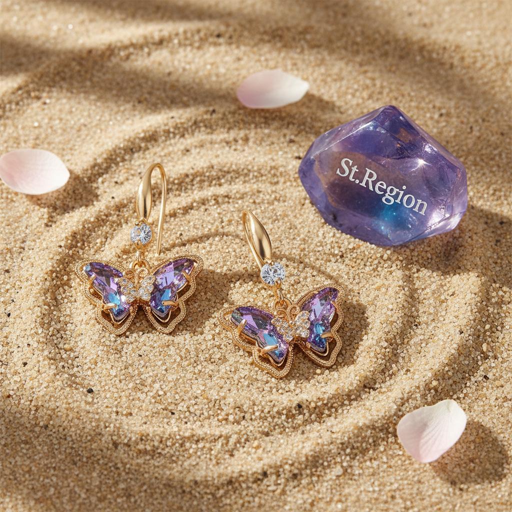 Purple Crystal and Cubic Zirconia Goldtone Butterfly Hook Earrings, gold drop earrings for women, detail close-up