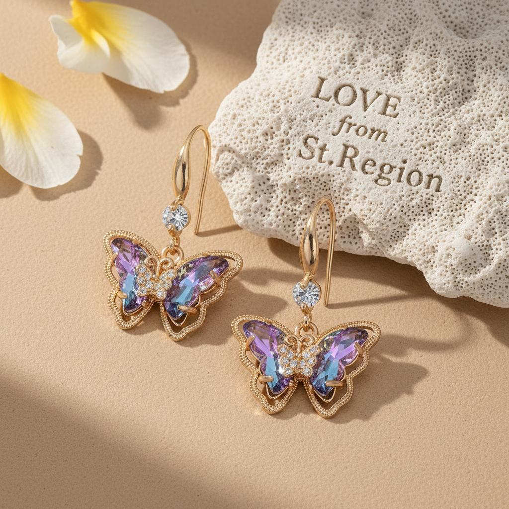 Purple Crystal and Cubic Zirconia Goldtone Butterfly Hook Earrings, gold drop earrings for women, lifestyle look