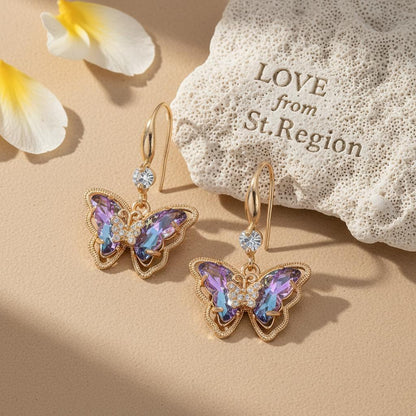 Purple Crystal and Cubic Zirconia Goldtone Butterfly Hook Earrings, gold drop earrings for women, lifestyle look