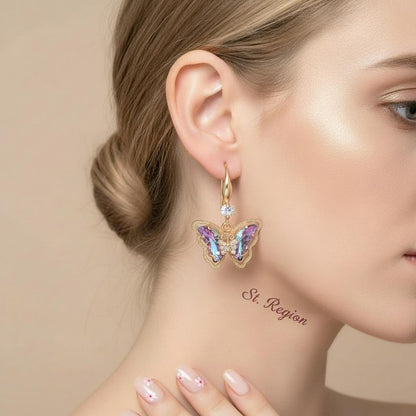 Purple Crystal and Cubic Zirconia Goldtone Butterfly Hook Earrings, gold drop earrings for women, styled look