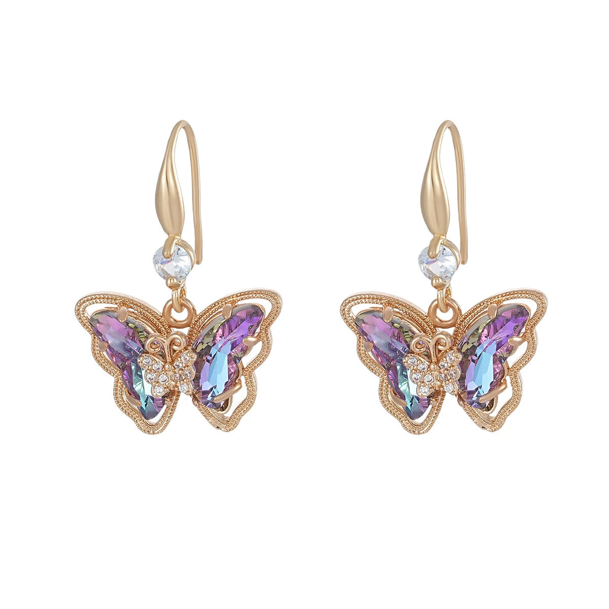 Purple Crystal & Cubic Zirconia Goldtone Butterfly Hook Earrings - Street Region