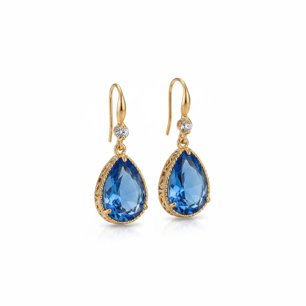 Blue Crystal and Cubic Zirconia Goldtone Teardrop Hook Earrings, gold drop earrings for women, botanical inspired, side view