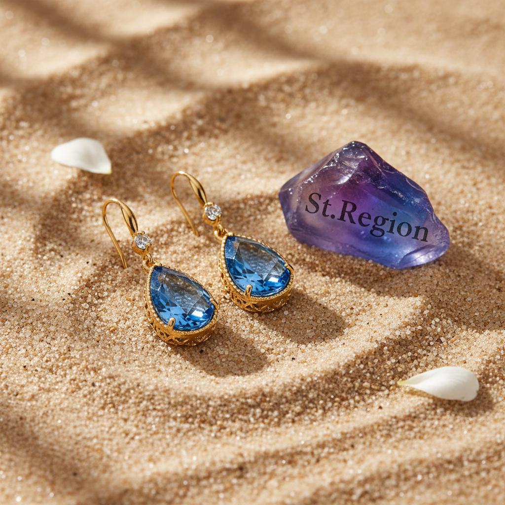 Blue Crystal and Cubic Zirconia Goldtone Teardrop Hook Earrings, gold drop earrings for women, detail close-up