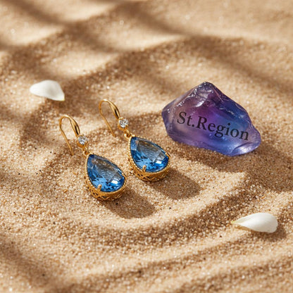 Blue Crystal and Cubic Zirconia Goldtone Teardrop Hook Earrings, gold drop earrings for women, detail close-up