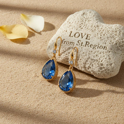 Blue Crystal and Cubic Zirconia Goldtone Teardrop Hook Earrings, gold drop earrings for women, lifestyle look