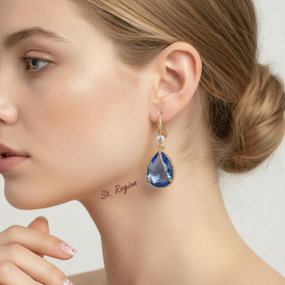 Blue Crystal and Cubic Zirconia Goldtone Teardrop Hook Earrings, gold drop earrings for women, styled look