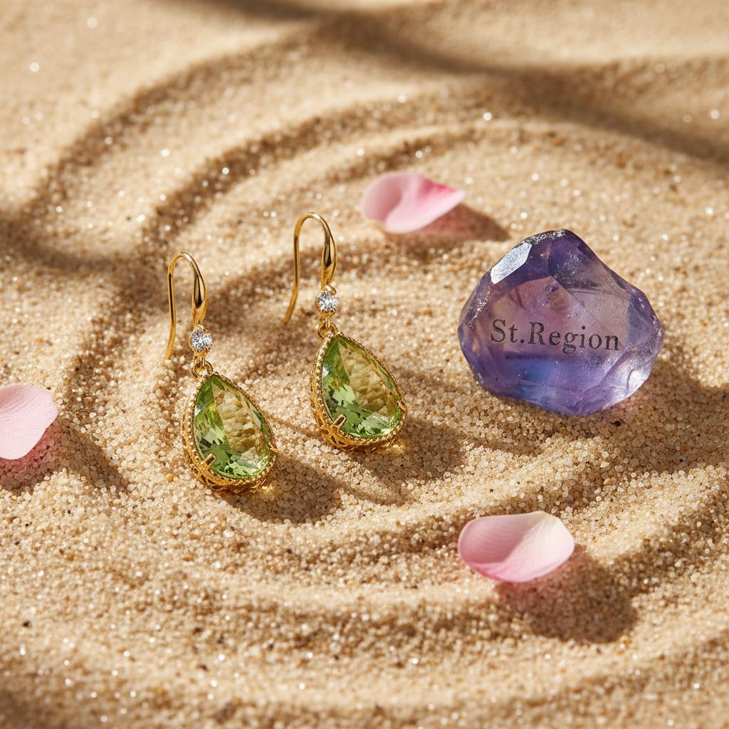 Green Crystal and Cubic Zirconia Goldtone Teardrop Hook Earrings, gold drop earrings for women, detail close-up