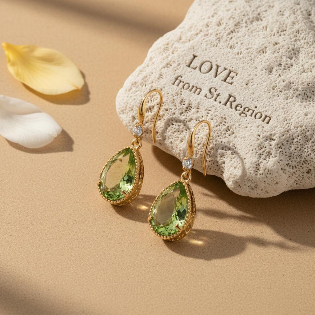 Green Crystal and Cubic Zirconia Goldtone Teardrop Hook Earrings, gold drop earrings for women, lifestyle look